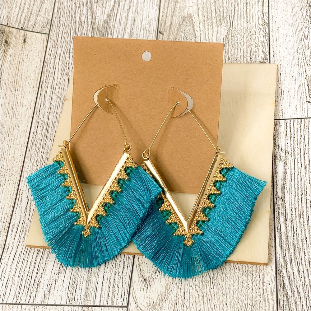 Gold Teal Tassel Earrings